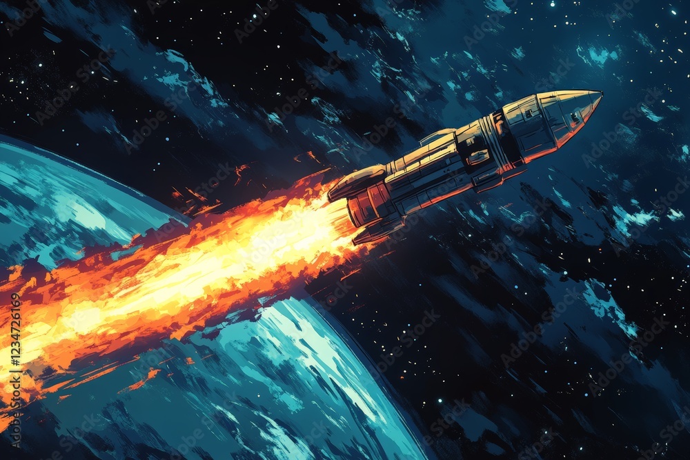 Aufkleber Rocket launches from planet's surface into the depths of space with flames trailing behind