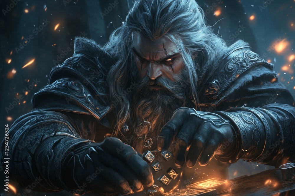 Aufkleber a fantasy scene of a wizard meticulously crafting an enchanted amulet, with glowing runes floating i