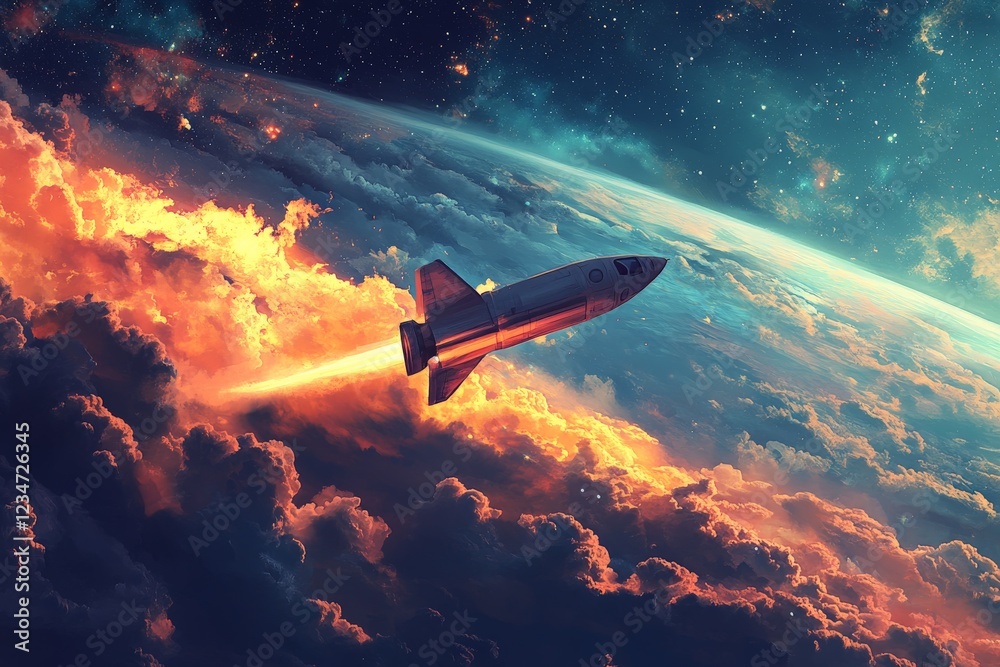 Poster rocket ascends through vibrant clouds towards the cosmos in a breathtaking display of space explorat