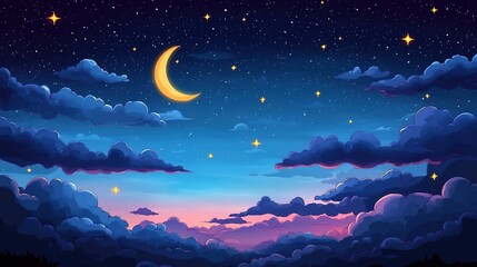 Night sky with crescent moon and stars, in the style of a cartoon, with cartoon-style clouds and background, cartoon illustration