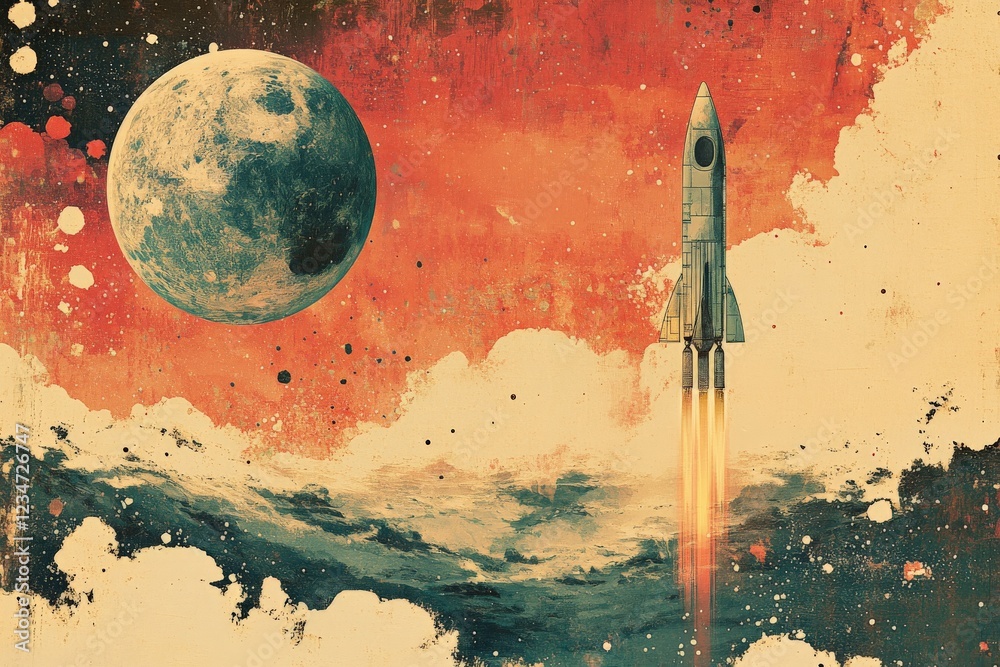 Poster rocket launches into space with a vibrant sky and moon in the background