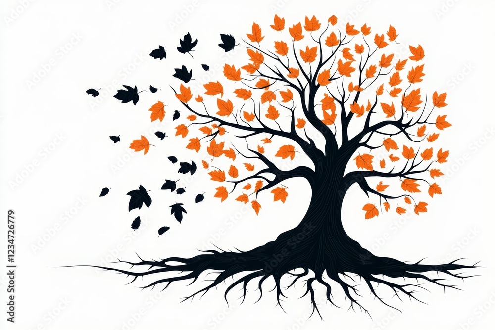 Poster a flat 2d design of a substantial tree with sprawling branches and roots, symbolizing stability and 