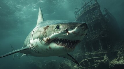 Great white shark near shipwreck, ocean, underwater, wildlife, nature documentary