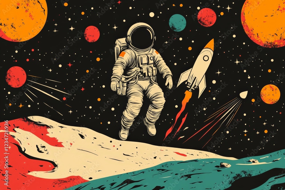 Poster Astronaut explores alien landscape with rockets and colorful planets in the background