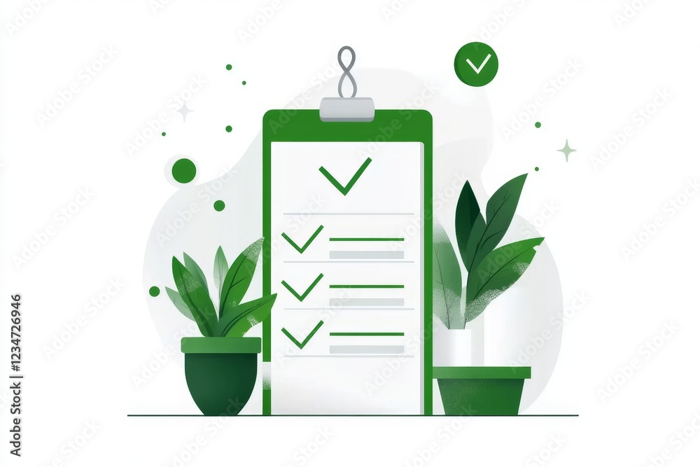 Poster A flat vector design of a checklist with every box ticked, representing sufficient completion, drawn in bold lines and bright green accents
