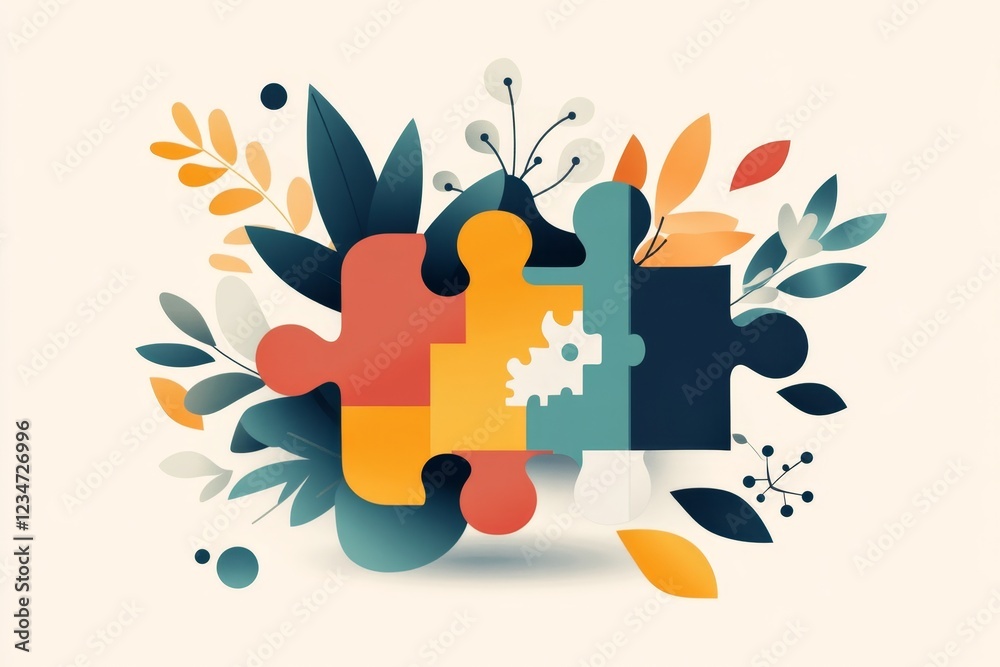 Poster a flat vector design of a puzzle piece fitting perfectly into place, representing a significant brea