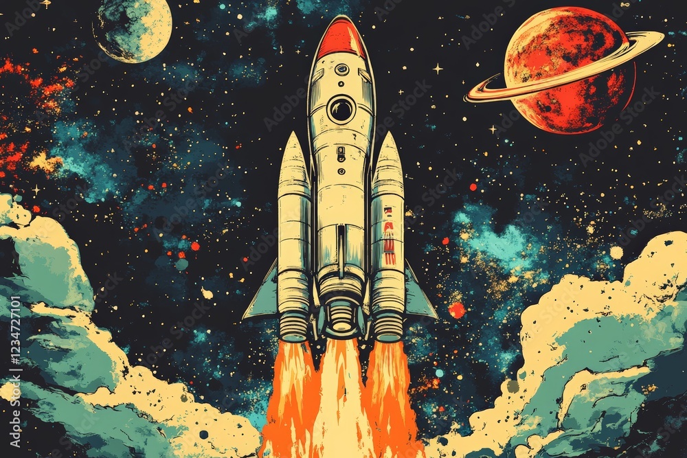 Poster rocket launches into space with vibrant cosmic background featuring planets and colorful nebula