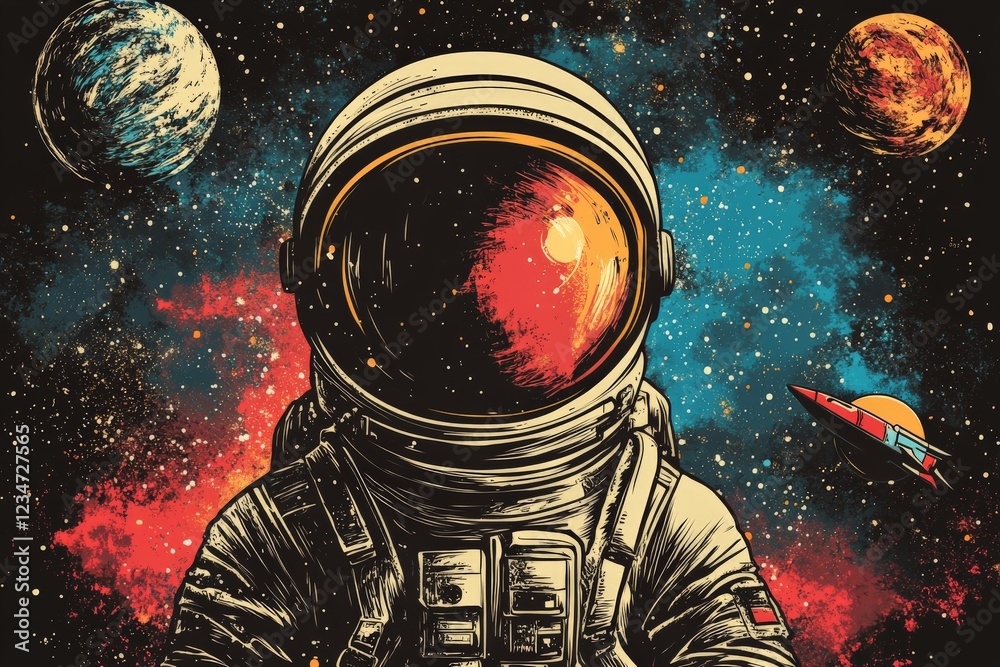 Poster astronaut explores a colorful cosmic landscape with planets and a rocket in deep space at night