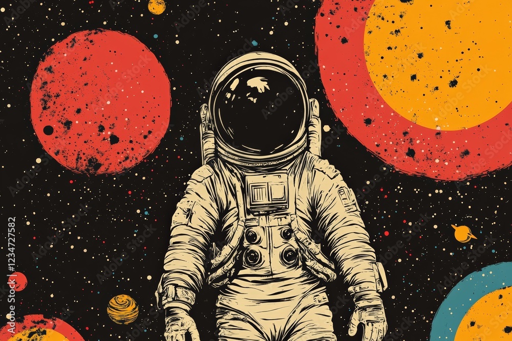 Poster astronaut exploring vibrant cosmic landscape with planets and bright colors in deep space