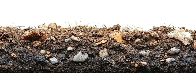 Fototapeta premium The soil is rich in organic matter, covered with dirt and stones on the surface, against a white background, with a panoramic view and a top-down perspective