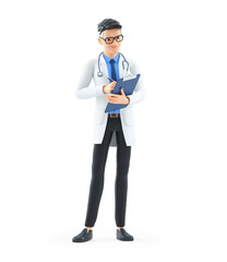 3d cartoon doctor writing on a notebook
