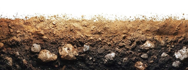 Obraz premium The soil is rich in organic matter, covered with dirt and stones on the surface, against a white background, with a panoramic view and a top-down perspective