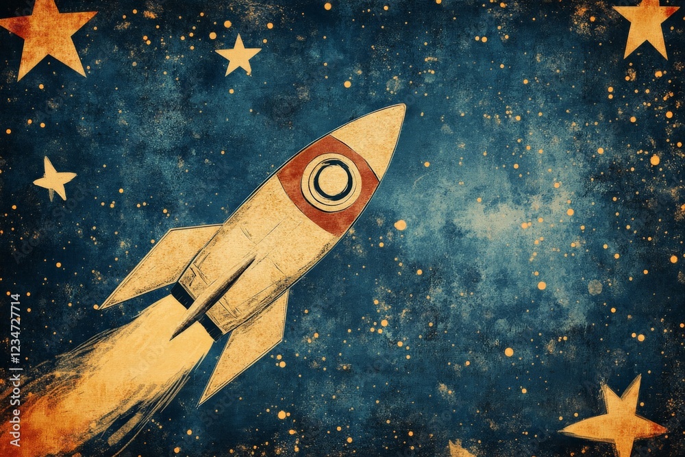 Poster rocket launching into deep space surrounded by stars and a cosmic backdrop at night