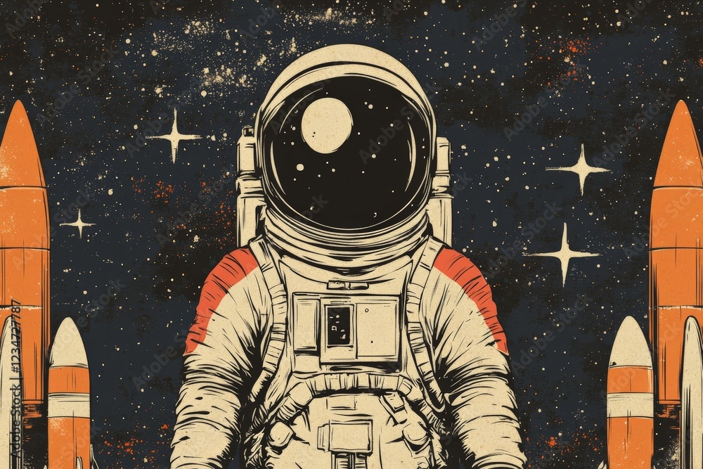 Poster Astronaut in space surrounded by rockets and stars showcasing the wonder of exploration in a retro style