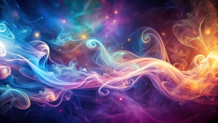 Fototapeta premium Ethereal smoke swirls in a mesmerizing dance of iridescent hues and wispy tendrils against a glowing abstract background , glow, swirling smoke