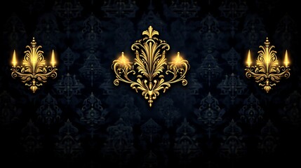 Fototapeta premium Gilded Wall Sconces and Ornate Centerpiece Adorn Dark Wall