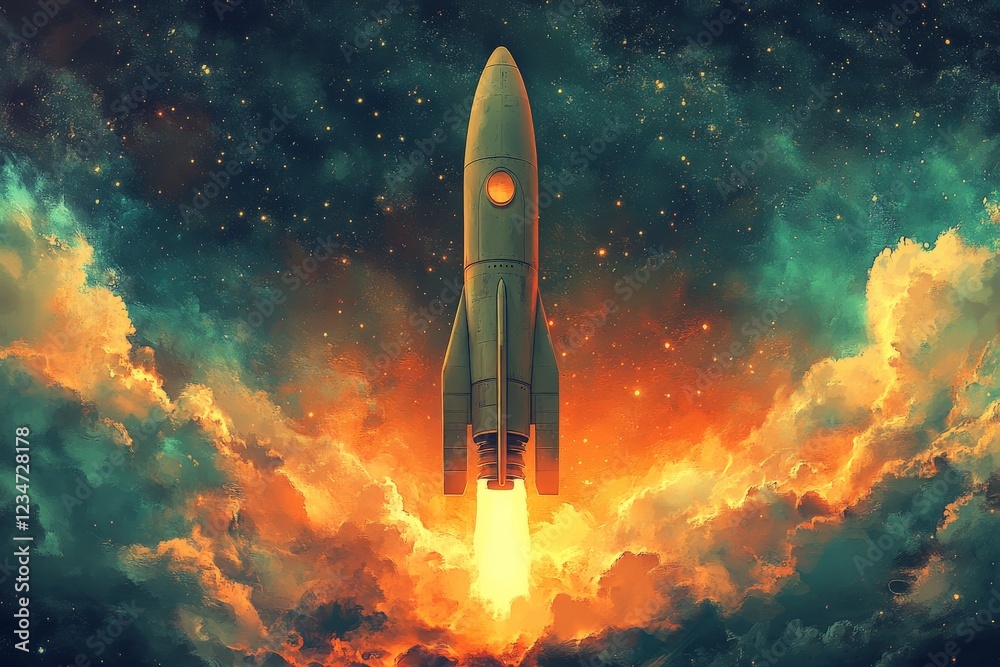 Poster rocket launches into a vibrant sky filled with colorful clouds and stars, creating a stunning displa