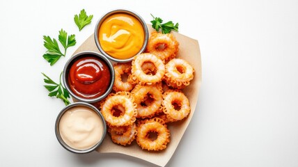 A plate of crispy snacks shaped like rings, served with various condiments including ketchup, mustard, and mayonnaise, garnished with fresh parsley.