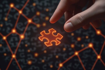 A hand holding an orange puzzle piece over a digital background, symbolizing problem-solving and innovation in technology.