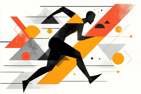 A geometric depiction of a running athlete in motion, with simple lines and bold colors capturing energy and skill