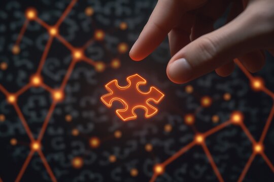 A hand holding an orange puzzle piece over a digital background, symbolizing problem-solving and innovation in technology.