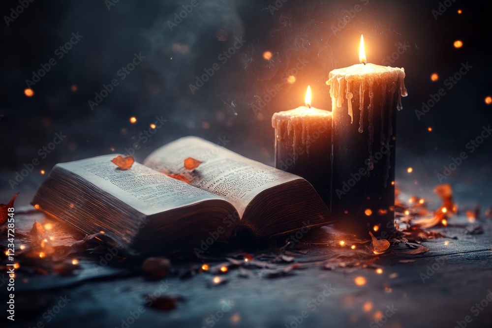 Poster a gothic depiction of an ancient book with glowing pages, revealing the significant events of a dark