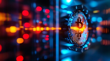 Bitcoin symbol illuminated with vibrant lights.