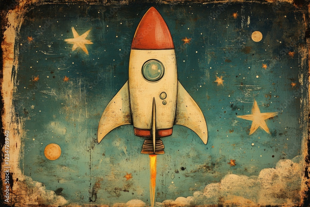 Poster rocket launching into space with stars and clouds in a colorful night sky backdrop