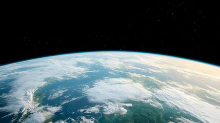 Fototapeta premium Planet Earth showing the curved horizon with white clouds and blue atmosphere against the blackness of outer space.