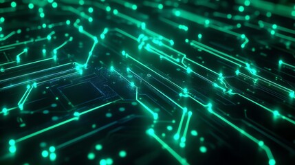 Futuristic circuit board with glowing lights.