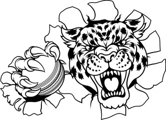 A jaguar, panther, leopard or cheetah wildcat spotted cat cricket sports team mascot holding a ball