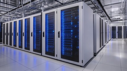 Contemporary data center featuring secured server racks with blue LED lighting, highlighting advanced network and IT capabilities. Perfect for tech, IT, and cloud computing visuals