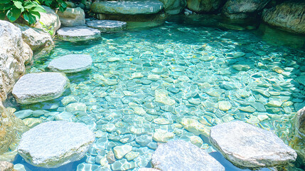 Tranquil garden pond with stepping stones, clear water, and lush greenery