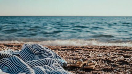 Obraz premium Black and white striped sun hat, blue towel with flip-flops on the sand at a beach background