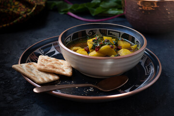 Vegan potato and beet greens soup served in ceramic bowl, along with crackers