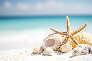 Starfish on the beach at sunset. Beautiful seascape background with starfish and sea waves on golden sand
