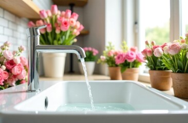 Water flows from a faucet into a large white sink, image in pastel colors