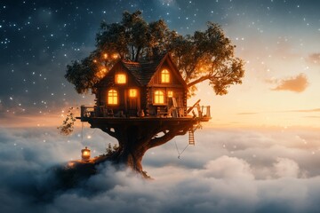 A magical renovation scene where enchanted tools float and repair a whimsical treehouse, glowing softly under a starlit sky