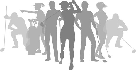 Silhouette golf player set. Active golfers golfing sports people healthy players fitness silhouettes concept.