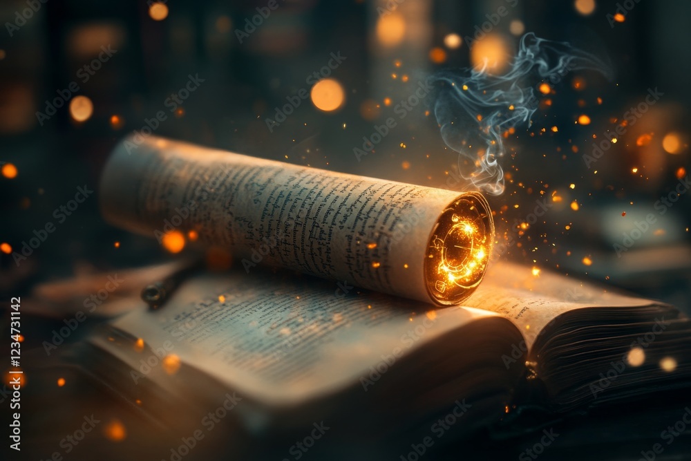 Poster A magical scroll with glowing symbols, representing an ancient set of requirements, surrounded by a mystical aura in an enchanted library