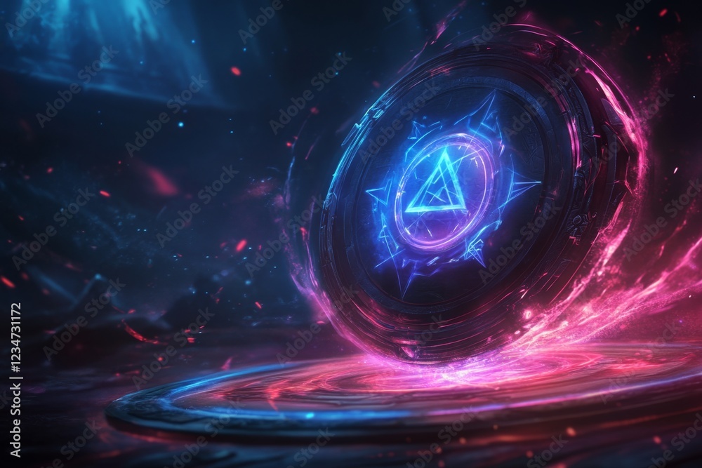 Aufkleber A magical scroll with glowing symbols, representing an ancient set of requirements, surrounded by a mystical aura in an enchanted library