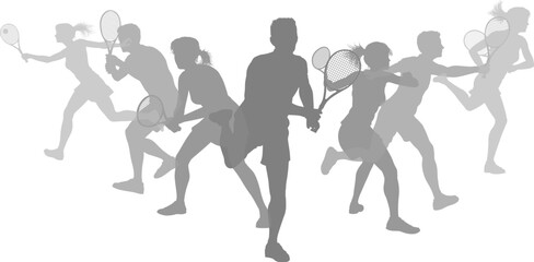 Silhouette Tennis players set. Active sports people healthy players fitness silhouettes concept.
