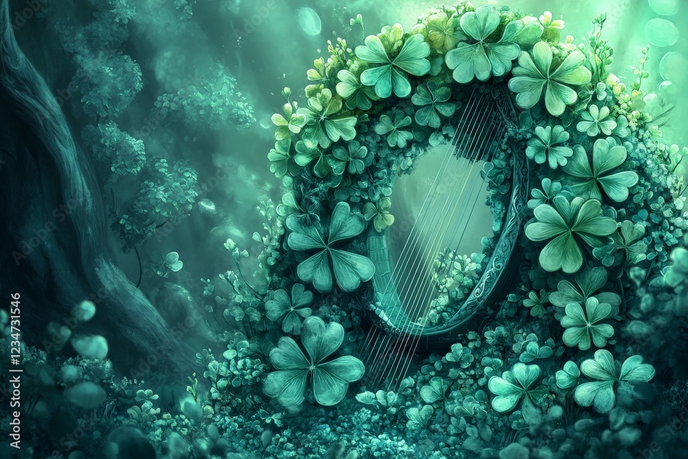 Poster enchanting harp surrounded by lush clovers in a mystical forest at twilight