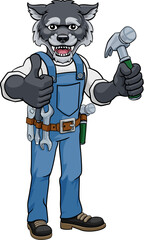 A wolf cartoon animal mascot carpenter or handyman builder construction maintenance contractor holding a hammer and giving a thumbs up