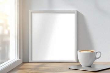 White poster framed in a minimalist office space, with a laptop and coffee cup on the desk.