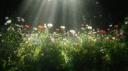 Vibrant wildflower meadow illuminated by sunlight nature lush green environment scenic viewpoint
