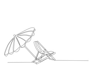 Continuous one line drawing of beach sunbed design. Beach umbrella and chair for holiday and vacation concept in single line draw. Editable stroke.