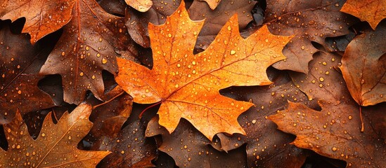 Close-up of autumn leaves in shades of orange and brown with water droplets on a dark background featuring Copy Space