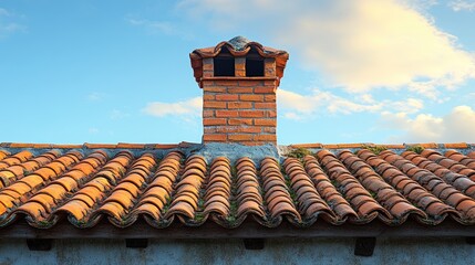 Chimney on tiled roof against a blue sky with clouds Copy Space