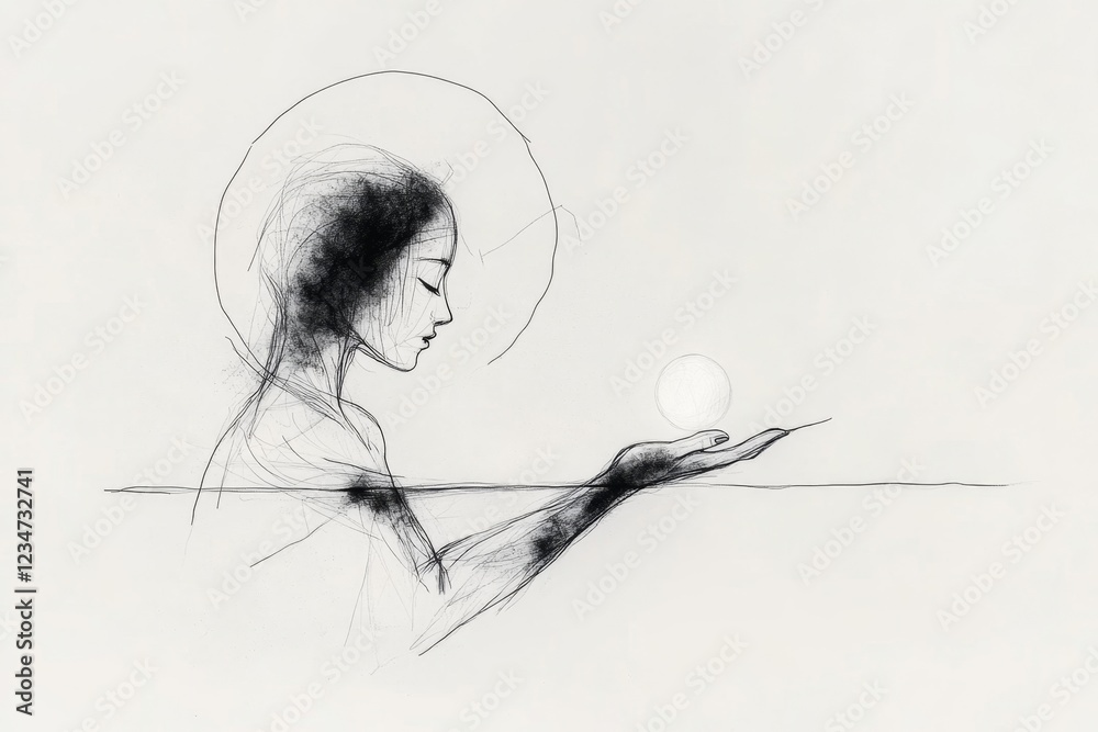 Poster a minimalist line-art illustration of a person extending their hand tentatively toward a glowing obj